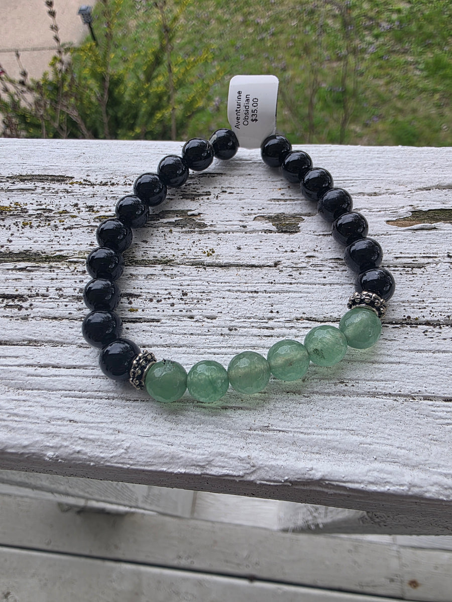 Obsidian & Faceted Aventurine Stretch Bracelet with Metal Accents