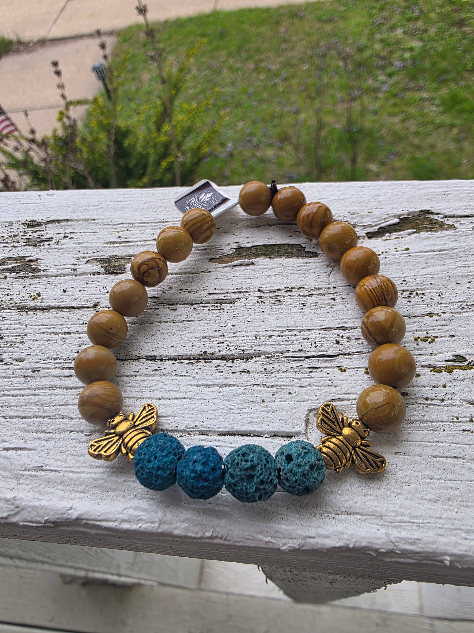 Petrified Wood & Blue Lava Stone Stretch Bracelet with Butterfly Accents