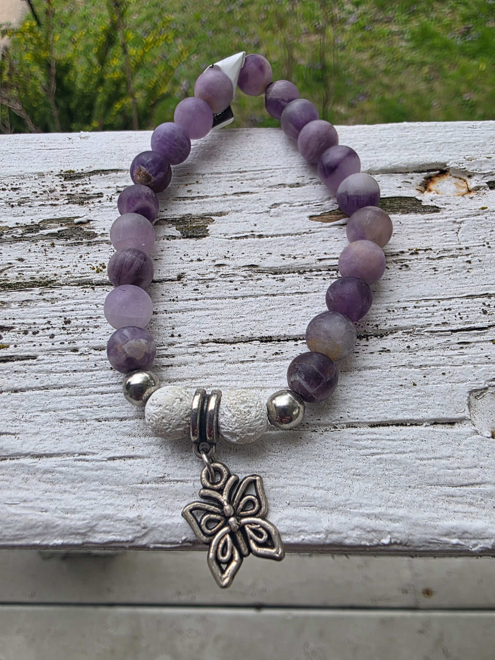 Frosted Amethyst, Lava Stone and Butterfly Charm Bracelet