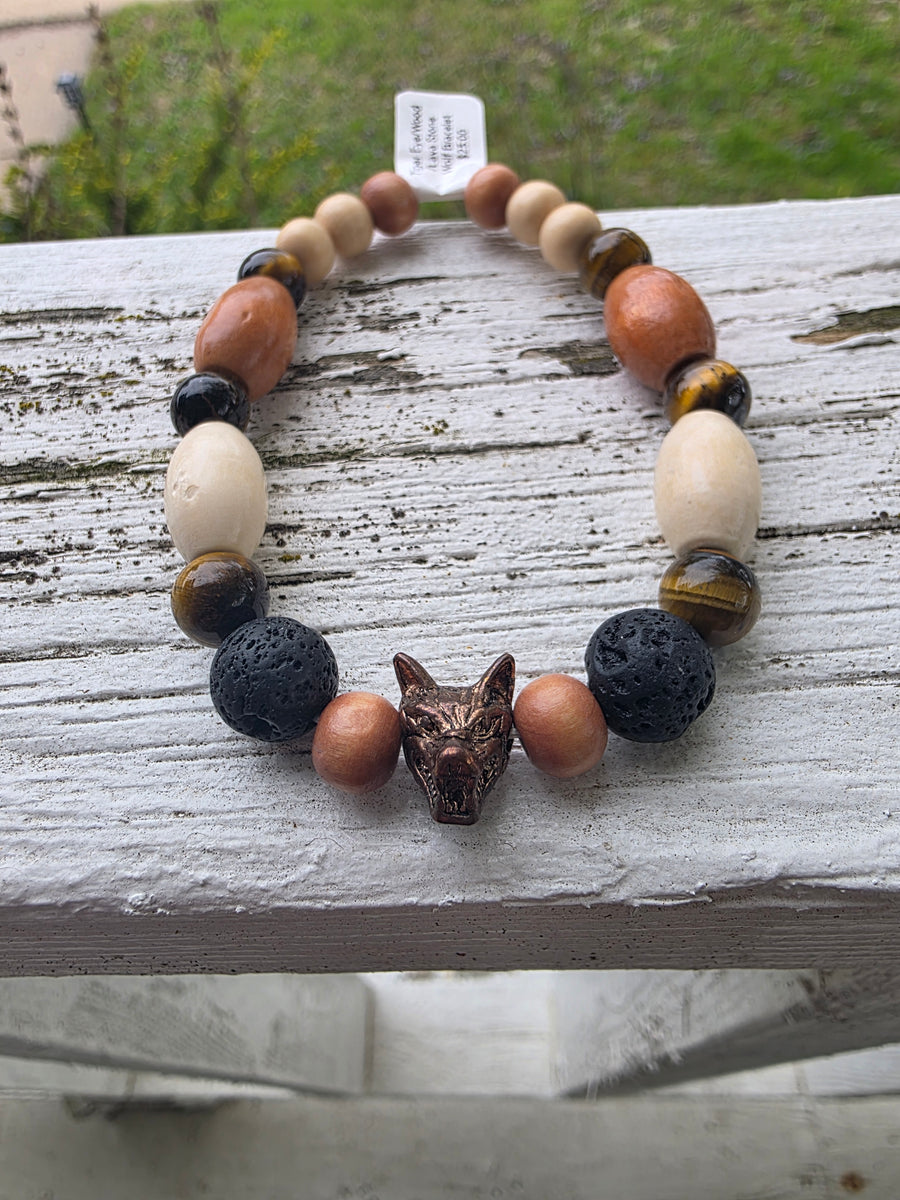 Tiger’s Eye, Wood & Lava Stone Wolf Head Bracelet