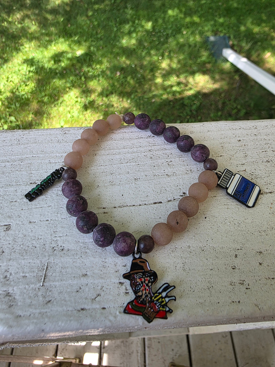 Freddy Krueger Triple Charm Jade and Agate stretch chord bracelet